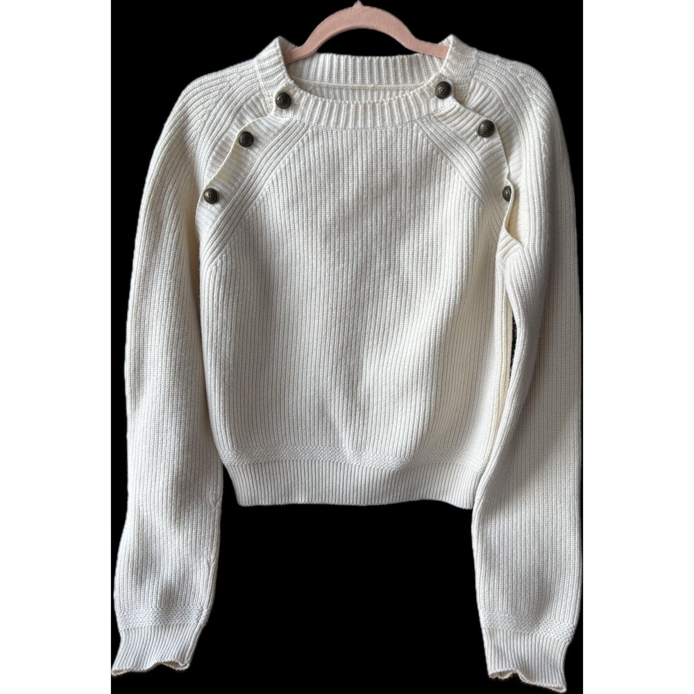 Chloé Cream Merino Wool Ribbed Knit Button Sweater, French Equestrian Style, Aut